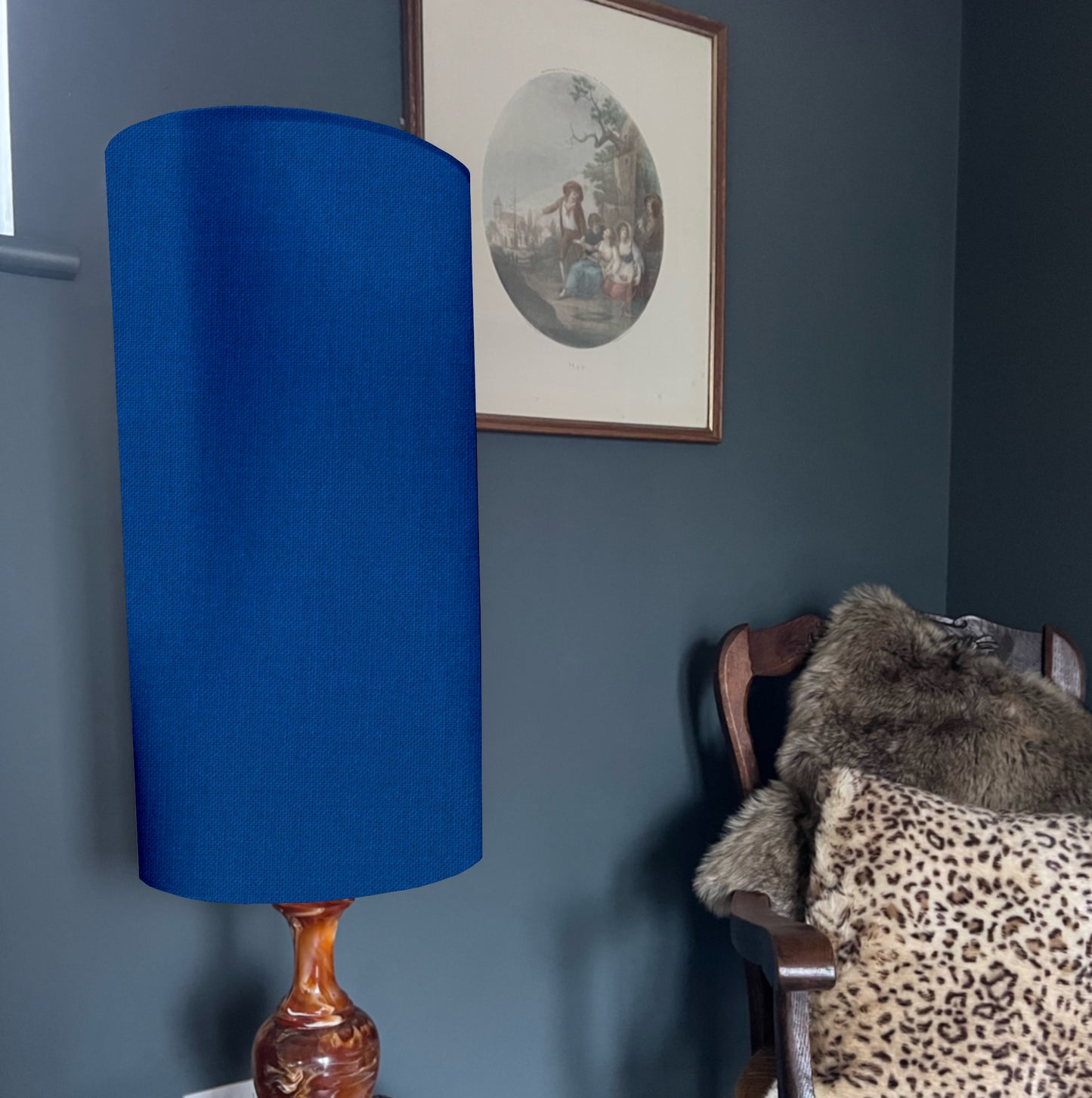 Royal blue cotton cylinder lampshade, extra tall lampshade