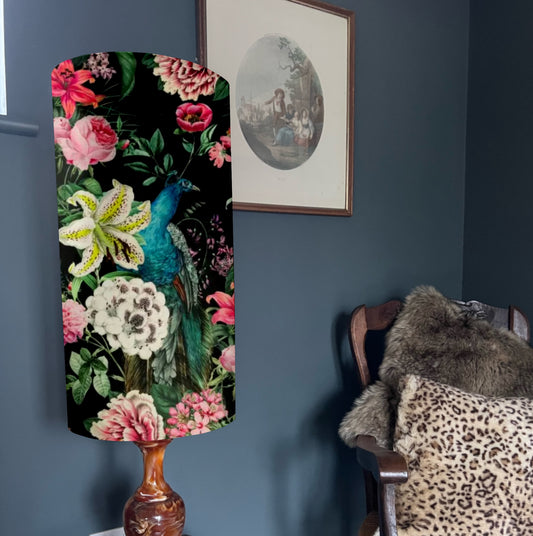 Peacock floral Velvet cylinder lampshade, in black, extra tall lampshade