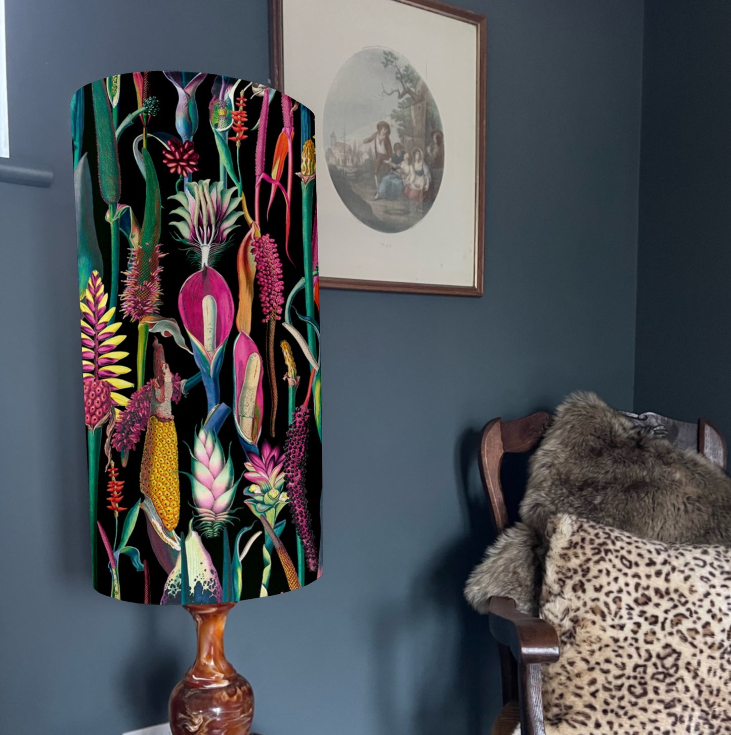 Botanical black velvet cylinder lampshade, extra tall lampshade