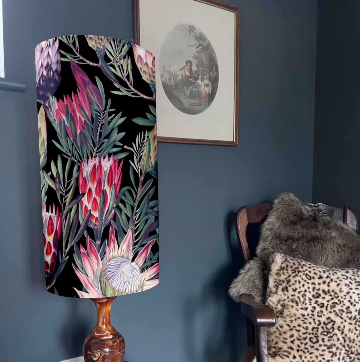 Black and pink botanical Velvet cylinder lampshade, extra tall lampshade