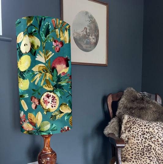 Fruit garden Velvet cylinder lampshade, in teal, extra tall lampshade