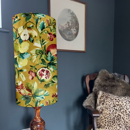 Fruit garden Velvet cylinder lampshade, in mustard, extra tall lampshade