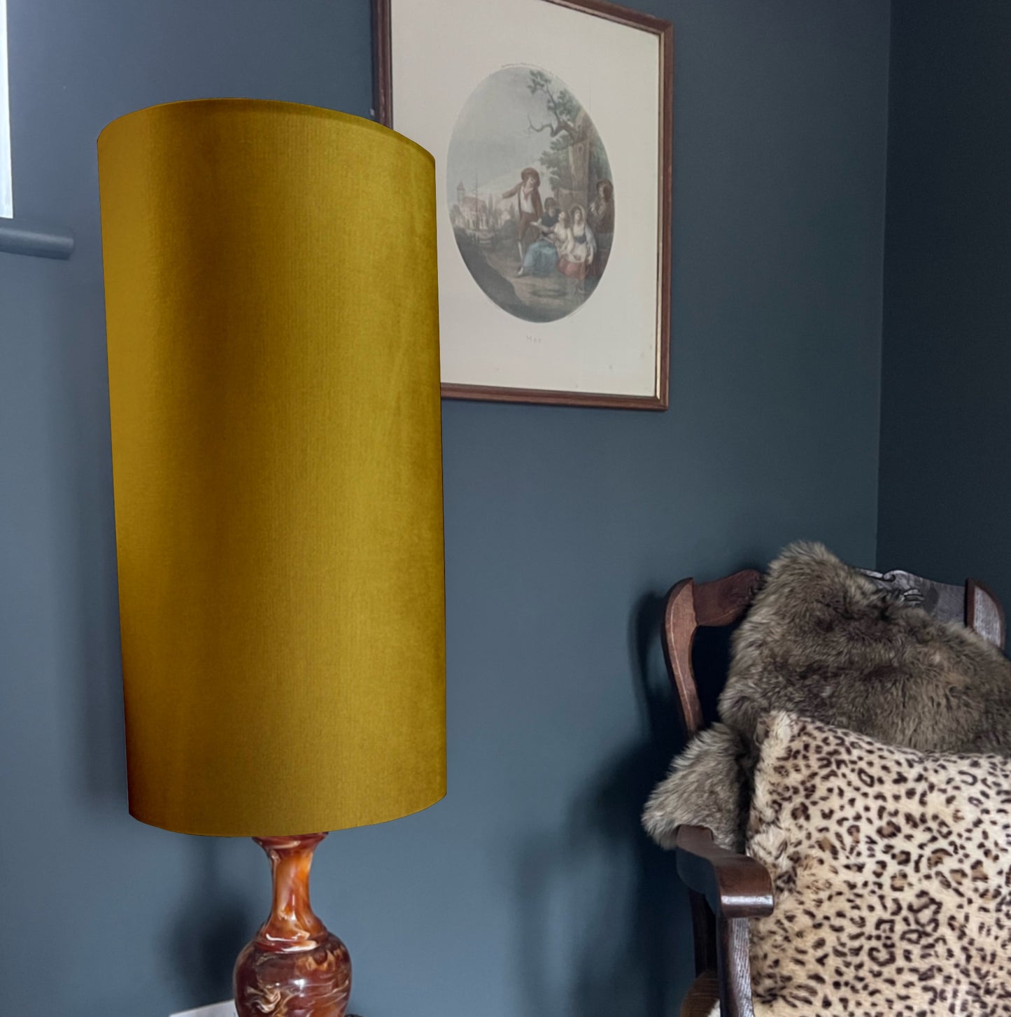 Mustard velvet cylinder lampshade, extra tall lampshade