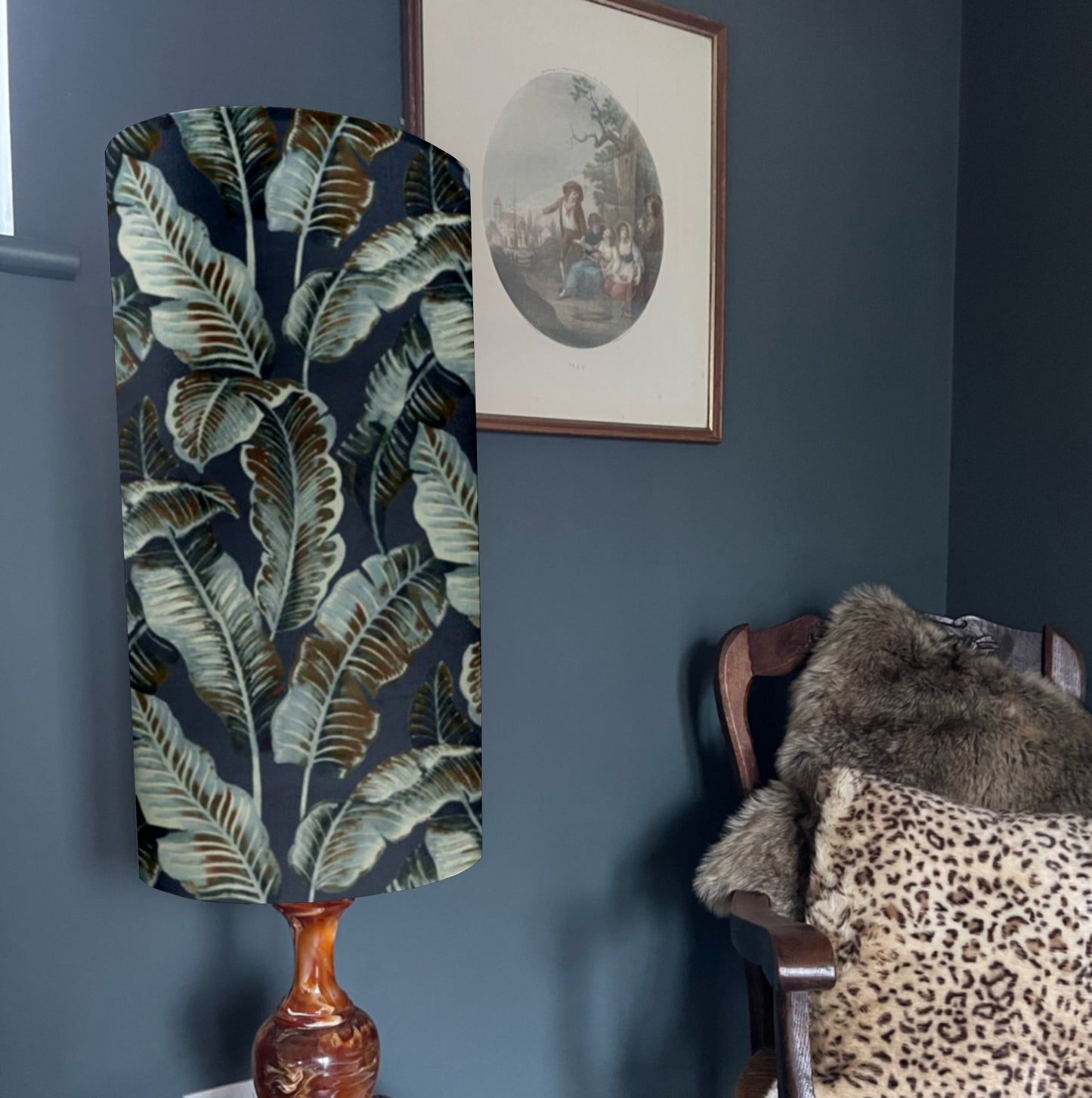 Navy Leaves Velvet cylinder lampshade, extra tall lampshade