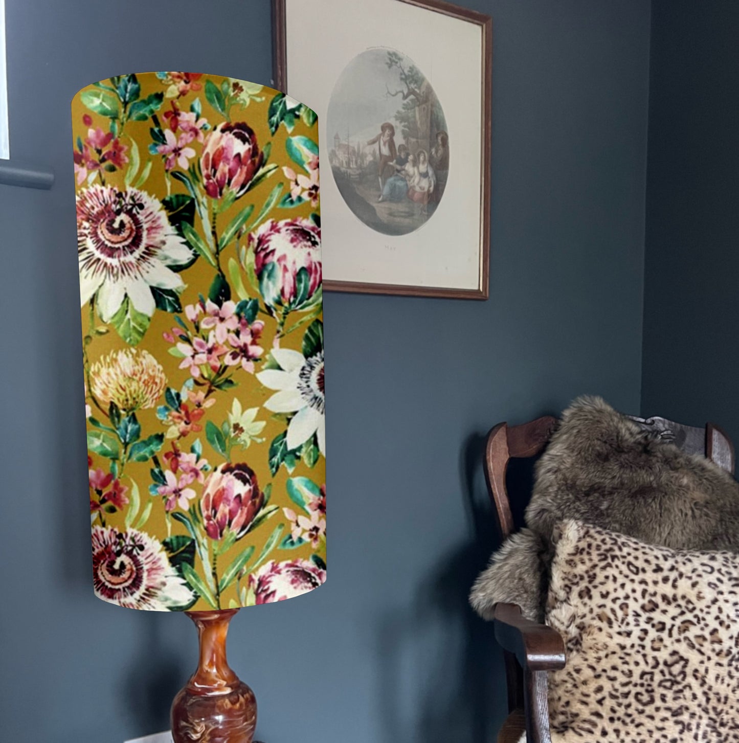 Summer garden Velvet cylinder lampshade, in mustard, extra tall lampshade