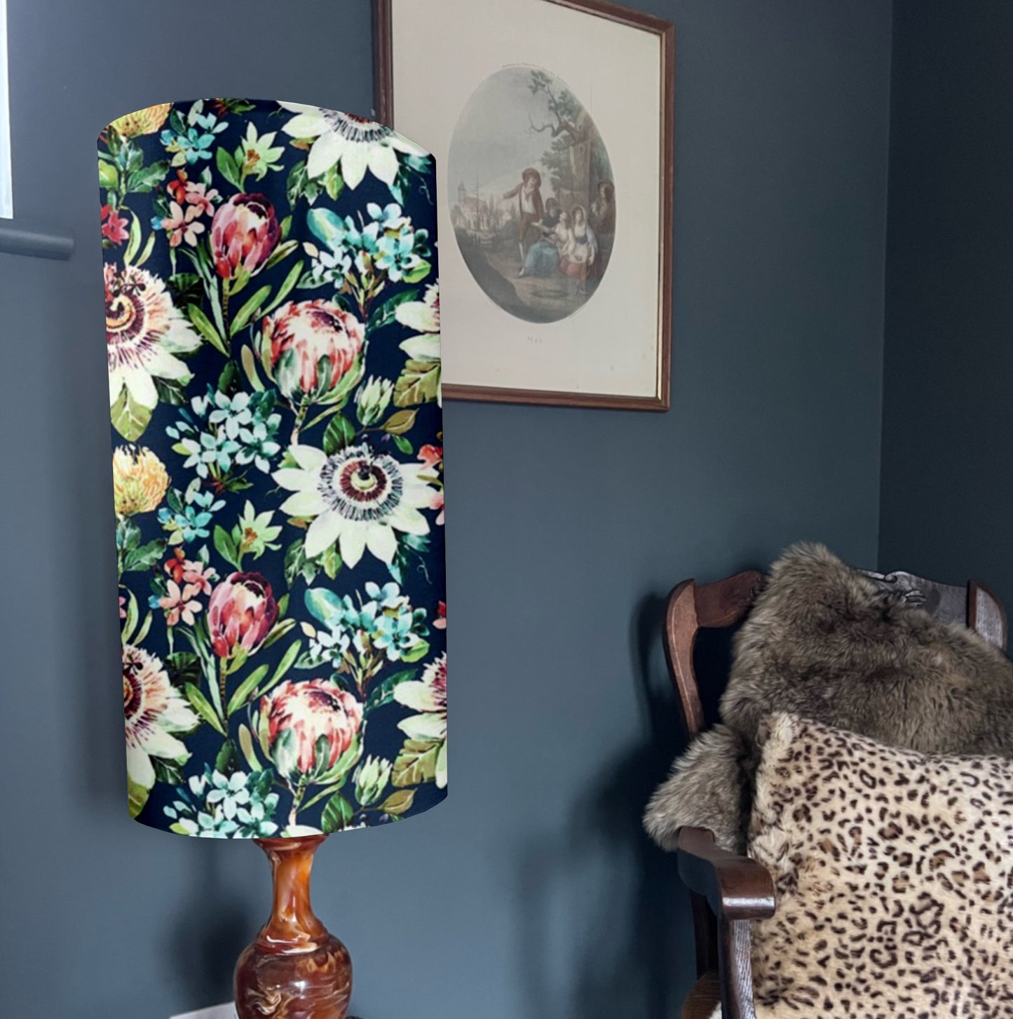 Summer garden Velvet cylinder lampshade, in midnight, extra tall lampshade