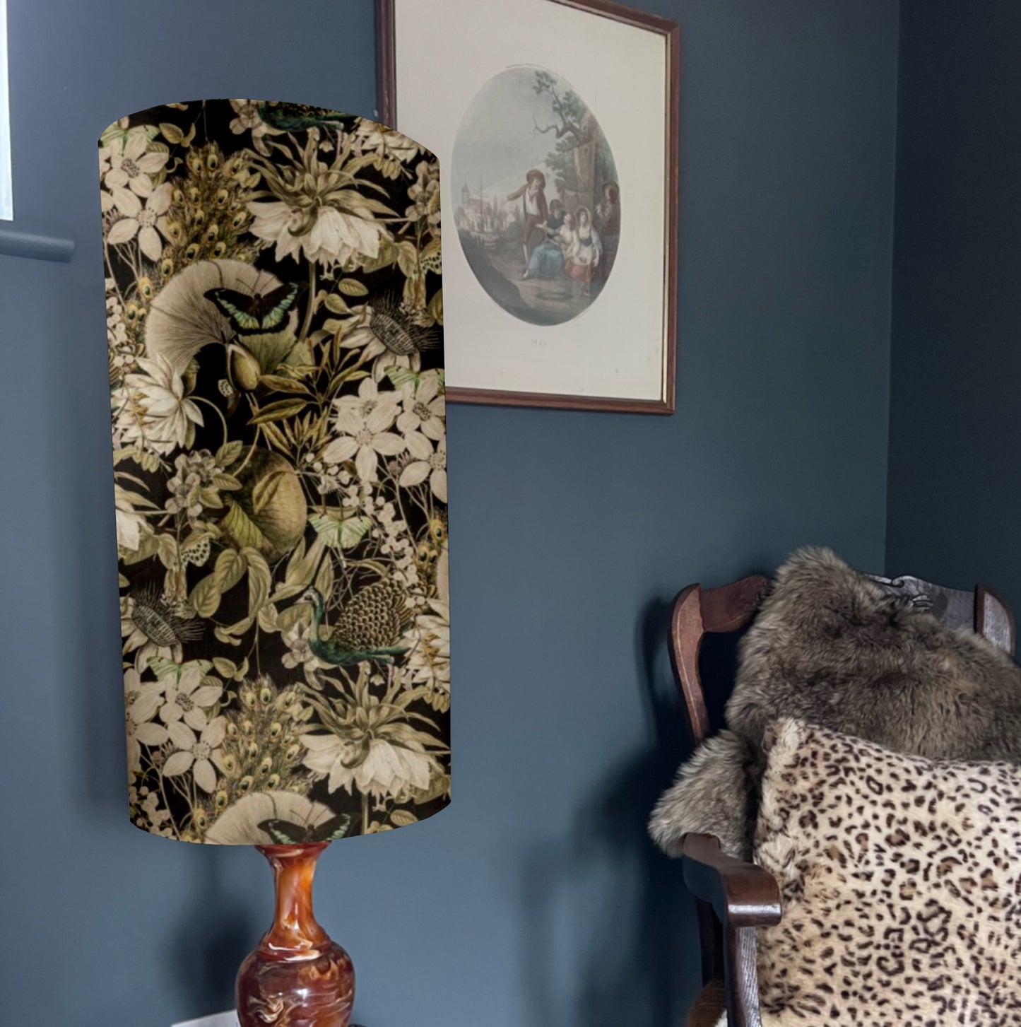 Peacock, butterfly Velvet cylinder lampshade, in black, extra tall lampshade