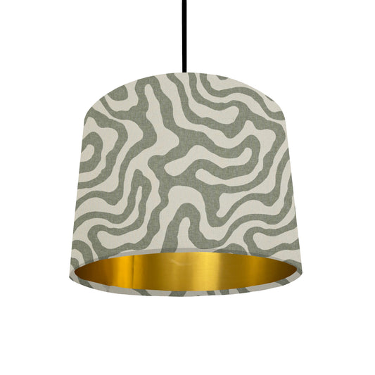 Green wiggle drum lampshade/ ceiling shade with a metallic brushed gold lining