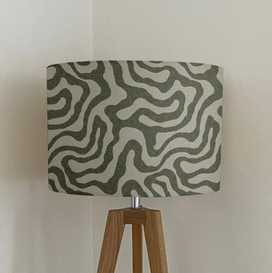 Green Wiggle drum lampshade /ceiling shade with a white lining