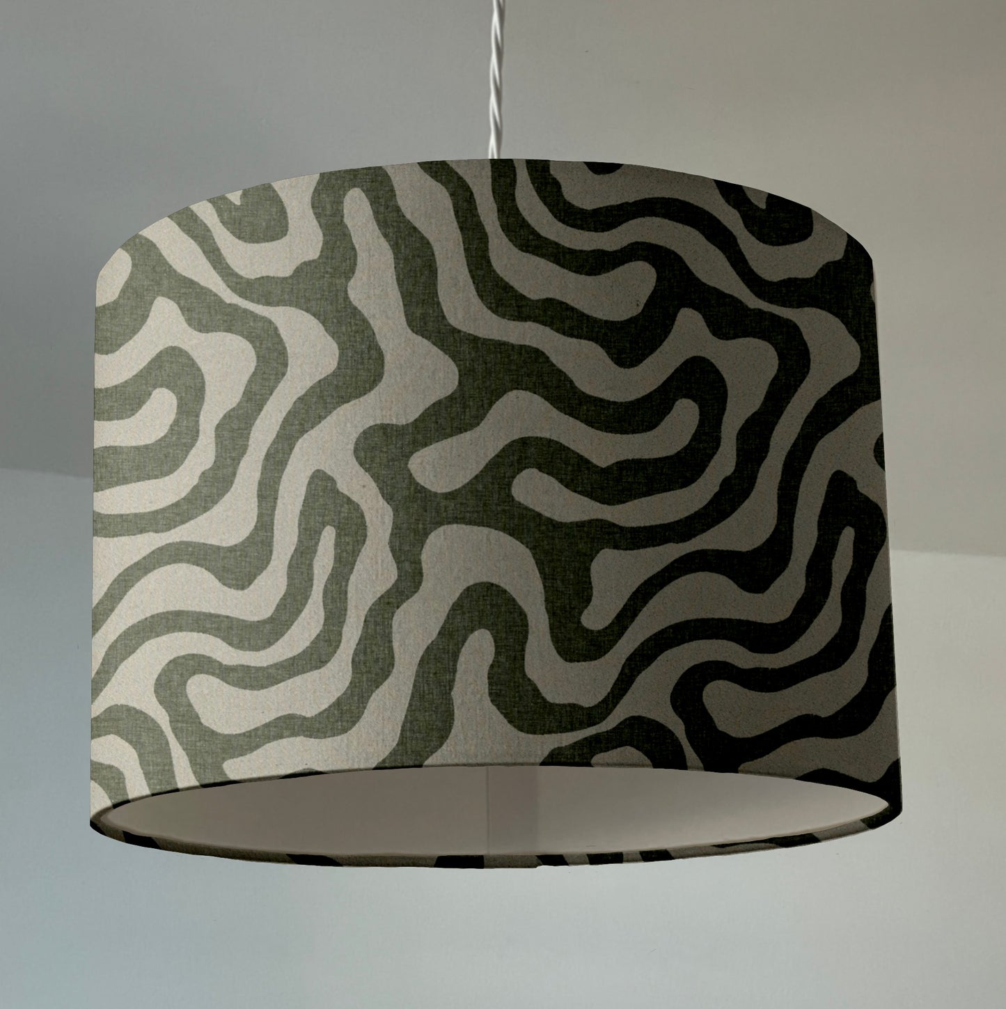 Green Wiggle drum lampshade /ceiling shade with a white lining