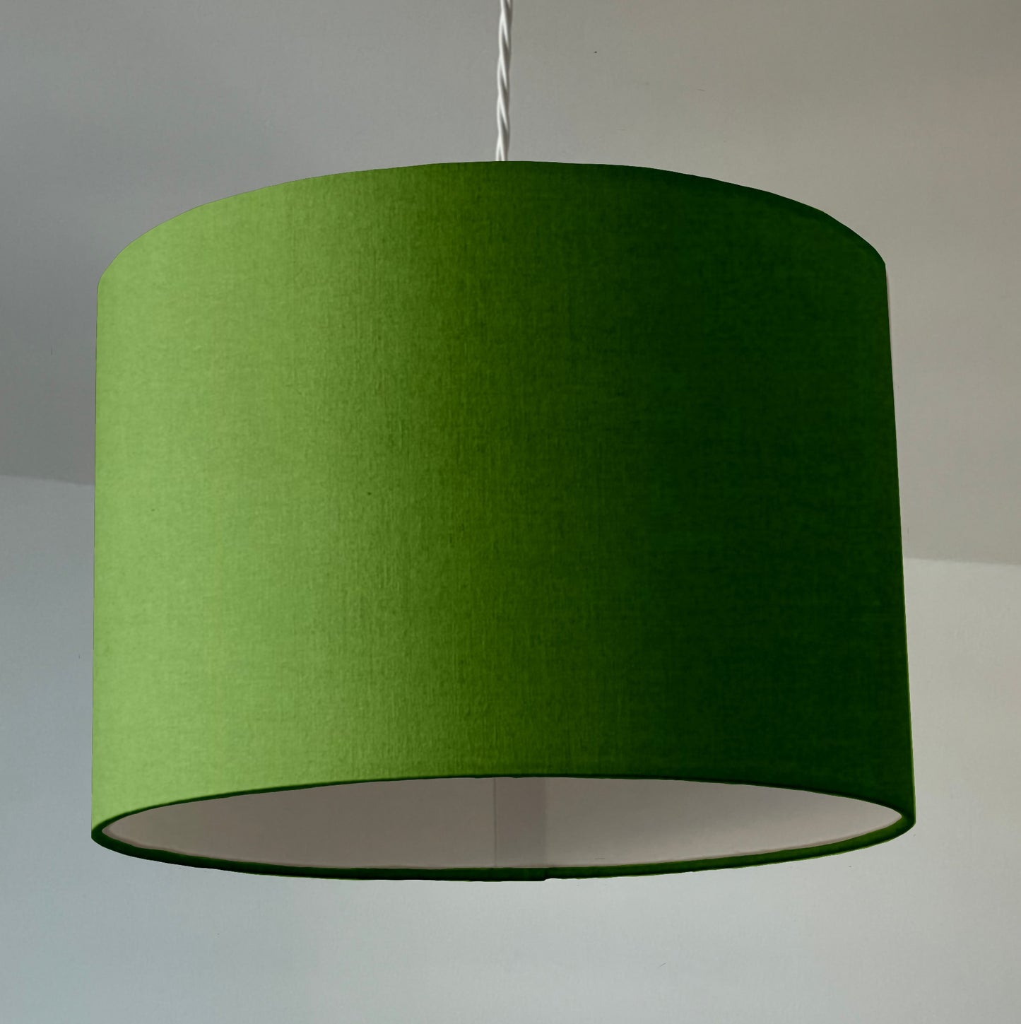 Green cotton drum lampshade/ ceiling shade with a white lining