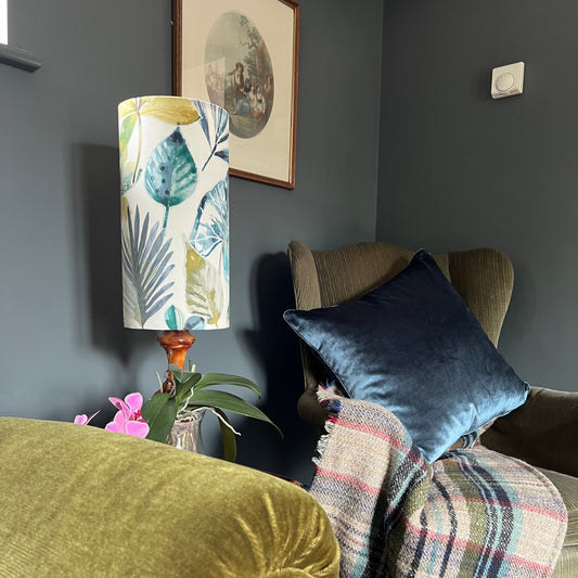 Rainforest Velvet cylinder lampshade, in blue and green, extra tall lampshade