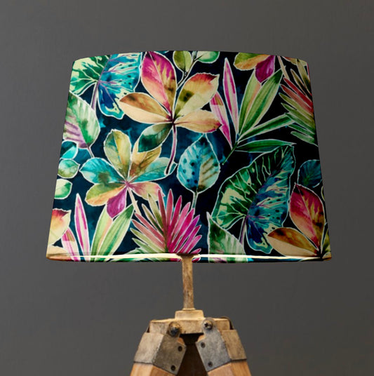 Rainforest velvet in multicoloured leaves, french drum lampshade/ ceiling light shade, empire lampshade