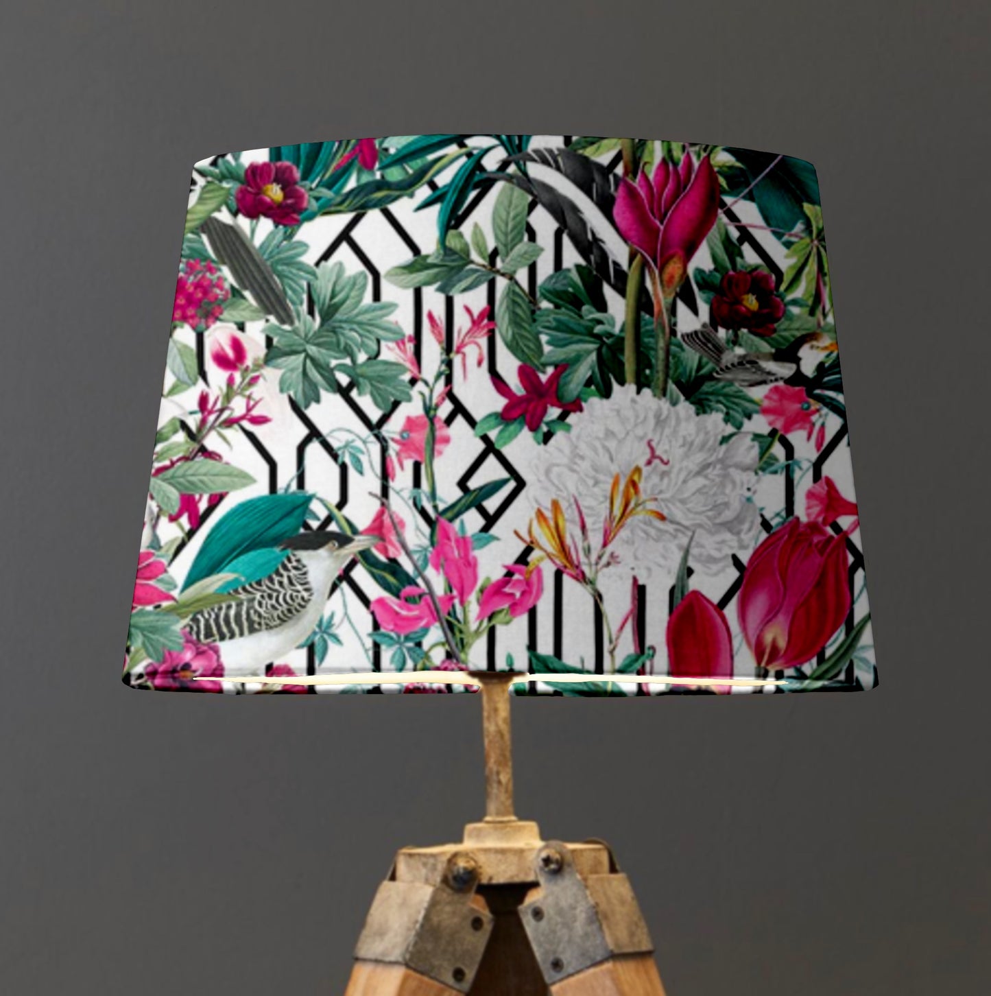 Botanical geometric velvet in white, french drum lampshade/ ceiling light shade, empire lampshade