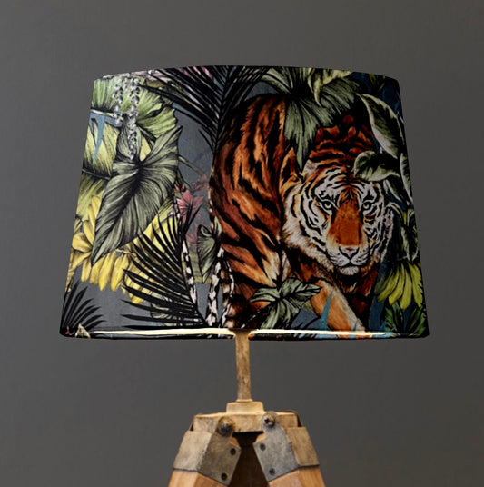 Bengal tiger velvet french drum lampshade, paired with a white lining