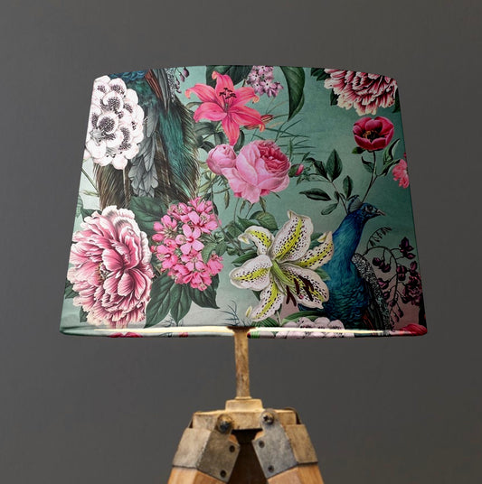 Peacock floral velvet french drum lampshade/ ceiling light shade, empire lampshade, duck egg