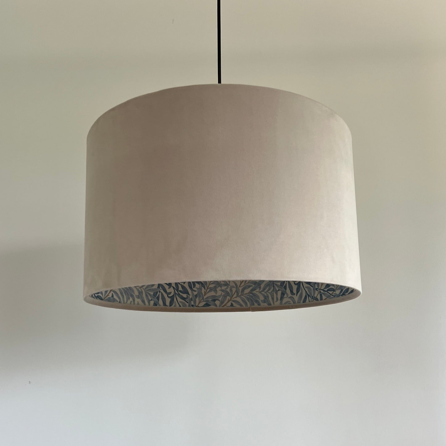 Cream velvet drum lampshade, double sided lampshade, with William Morris blue leaves cotton interior