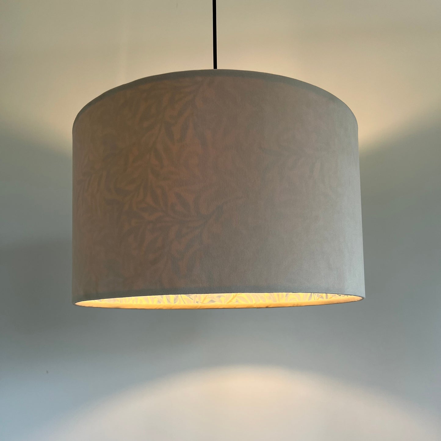 Cream velvet drum lampshade, double sided lampshade, with William Morris blue leaves cotton interior