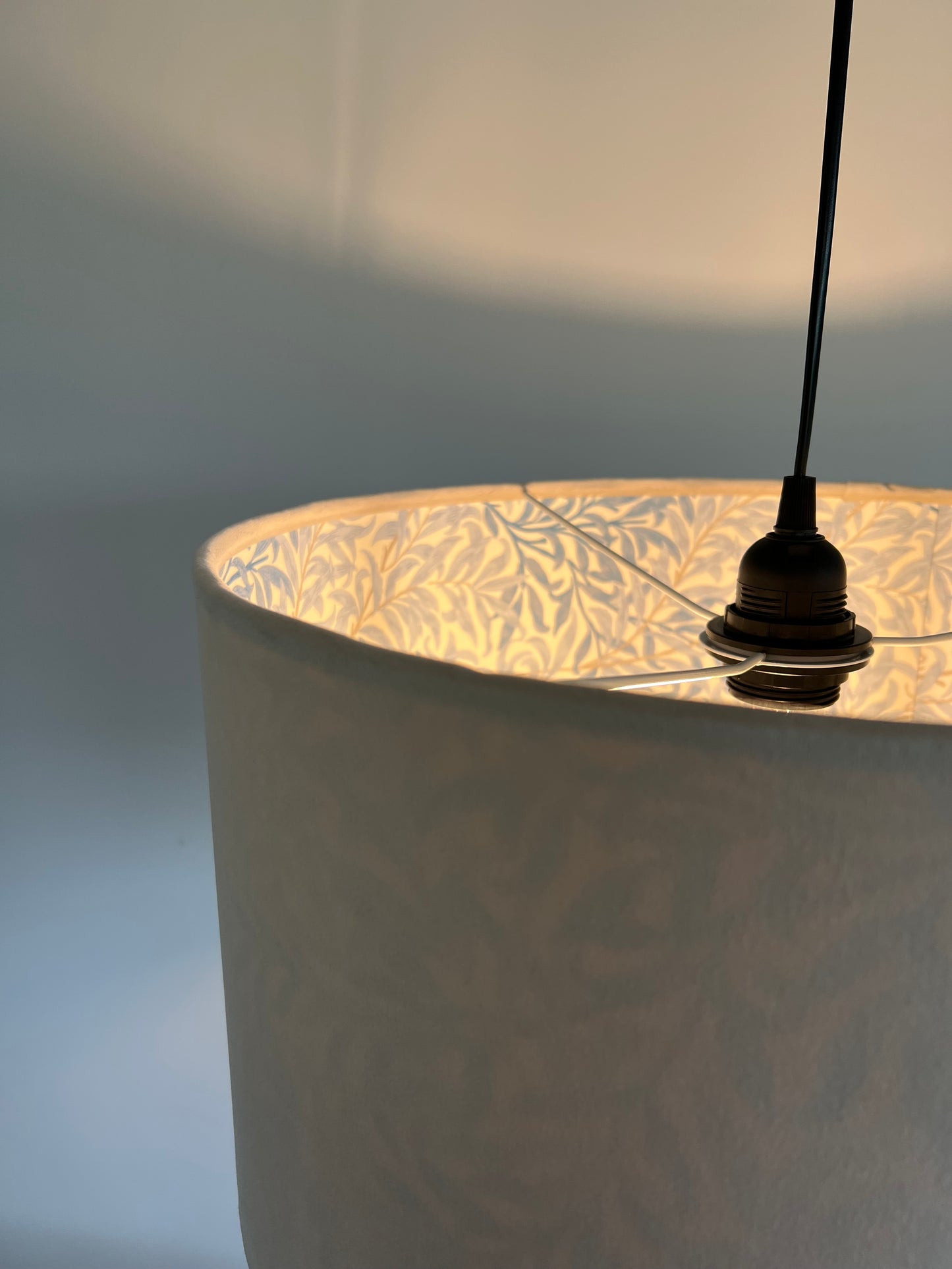 Cream velvet drum lampshade, double sided lampshade, with William Morris blue leaves cotton interior