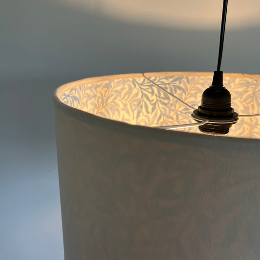 Cream Velvet & William Morris Blue Willow Leaves Double Sided Drum Lampshade | Handmade Ceiling Light Shade | Bespoke UK