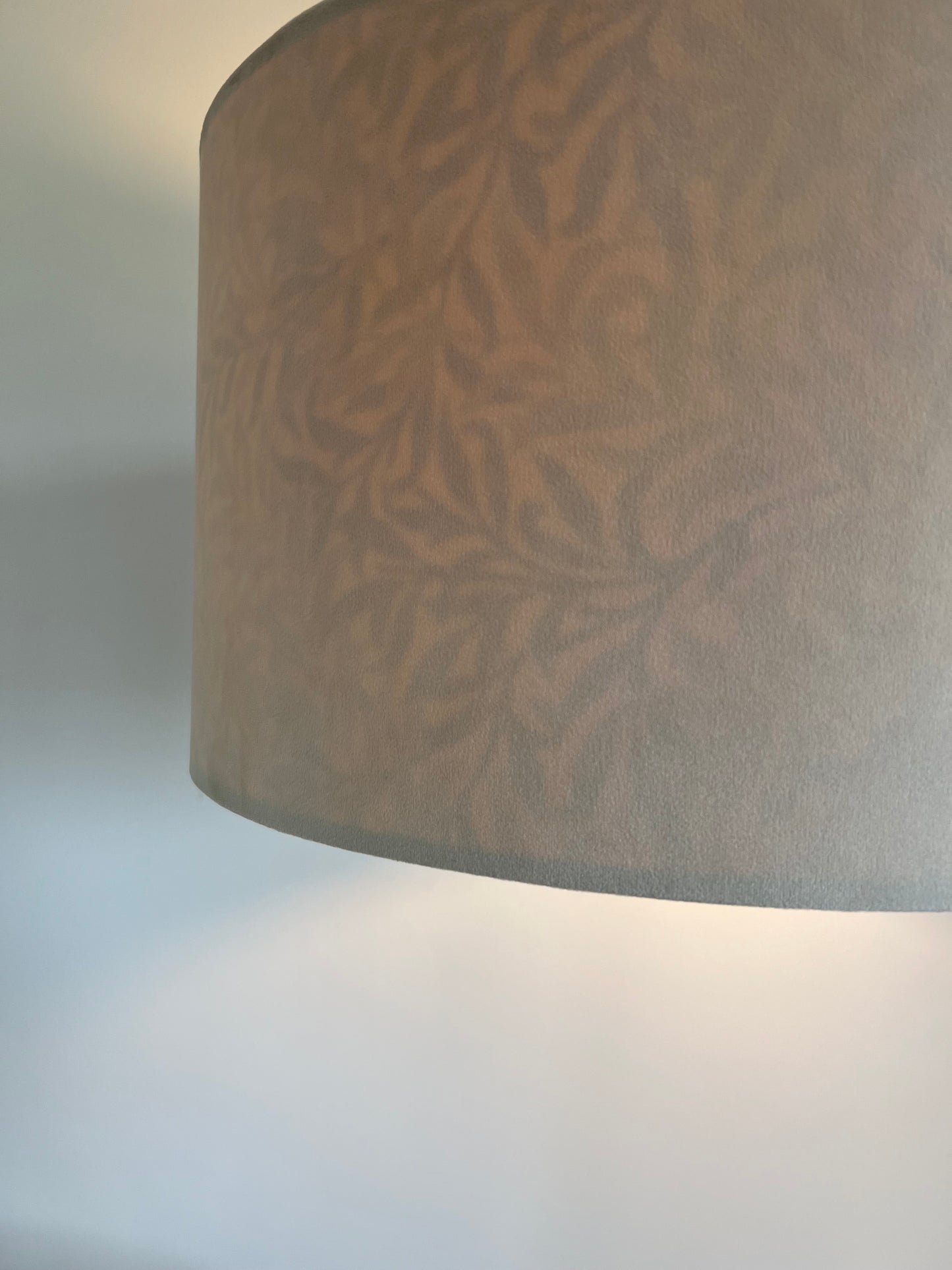 Cream velvet drum lampshade, double sided lampshade, with William Morris blue leaves cotton interior