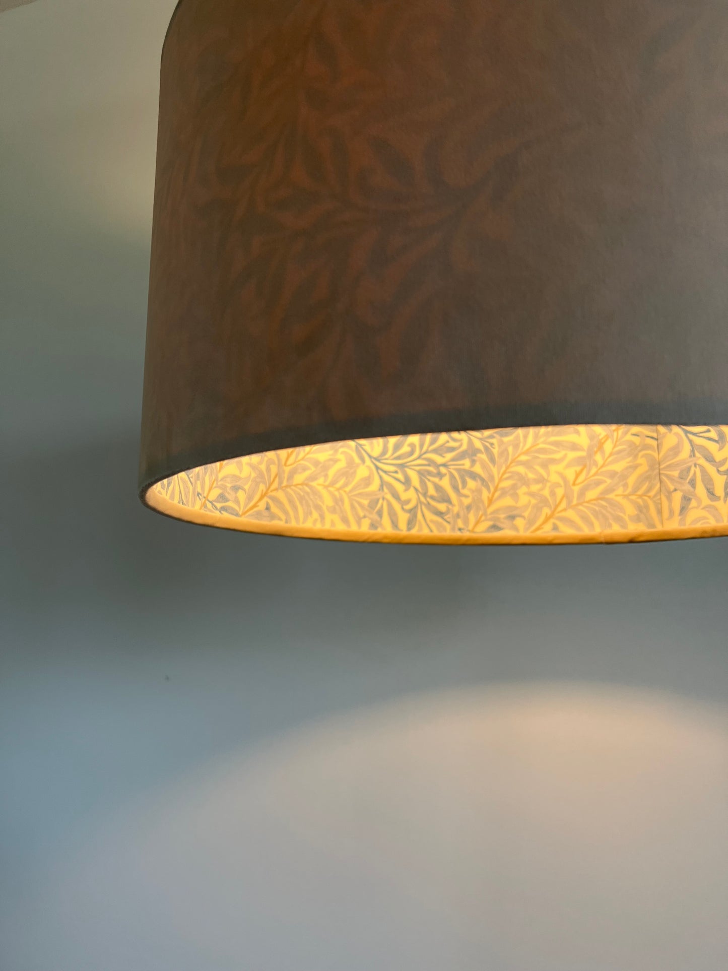 Cream velvet drum lampshade, double sided lampshade, with William Morris blue leaves cotton interior