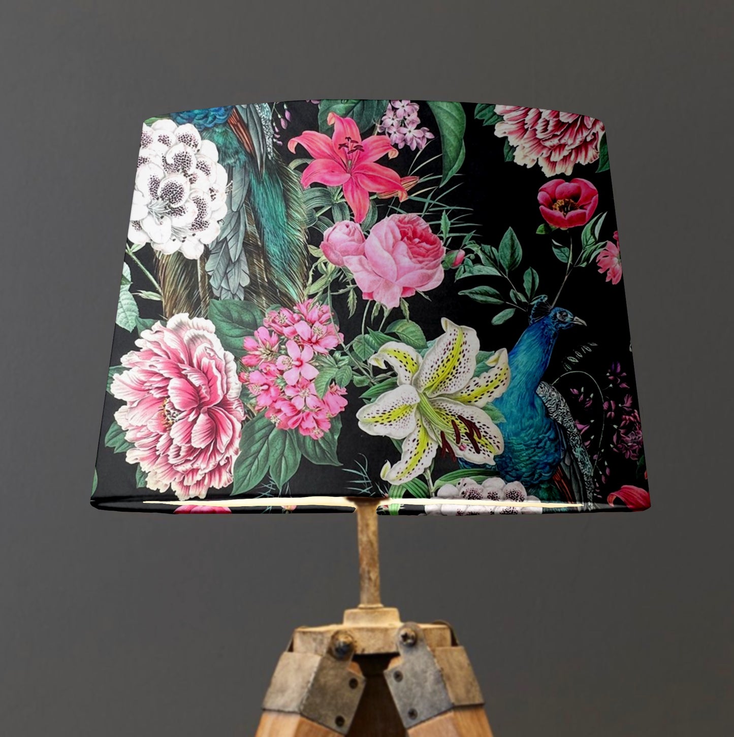 Peacock floral velvet french drum lampshade/ ceiling light shade, empire lampshade, in black