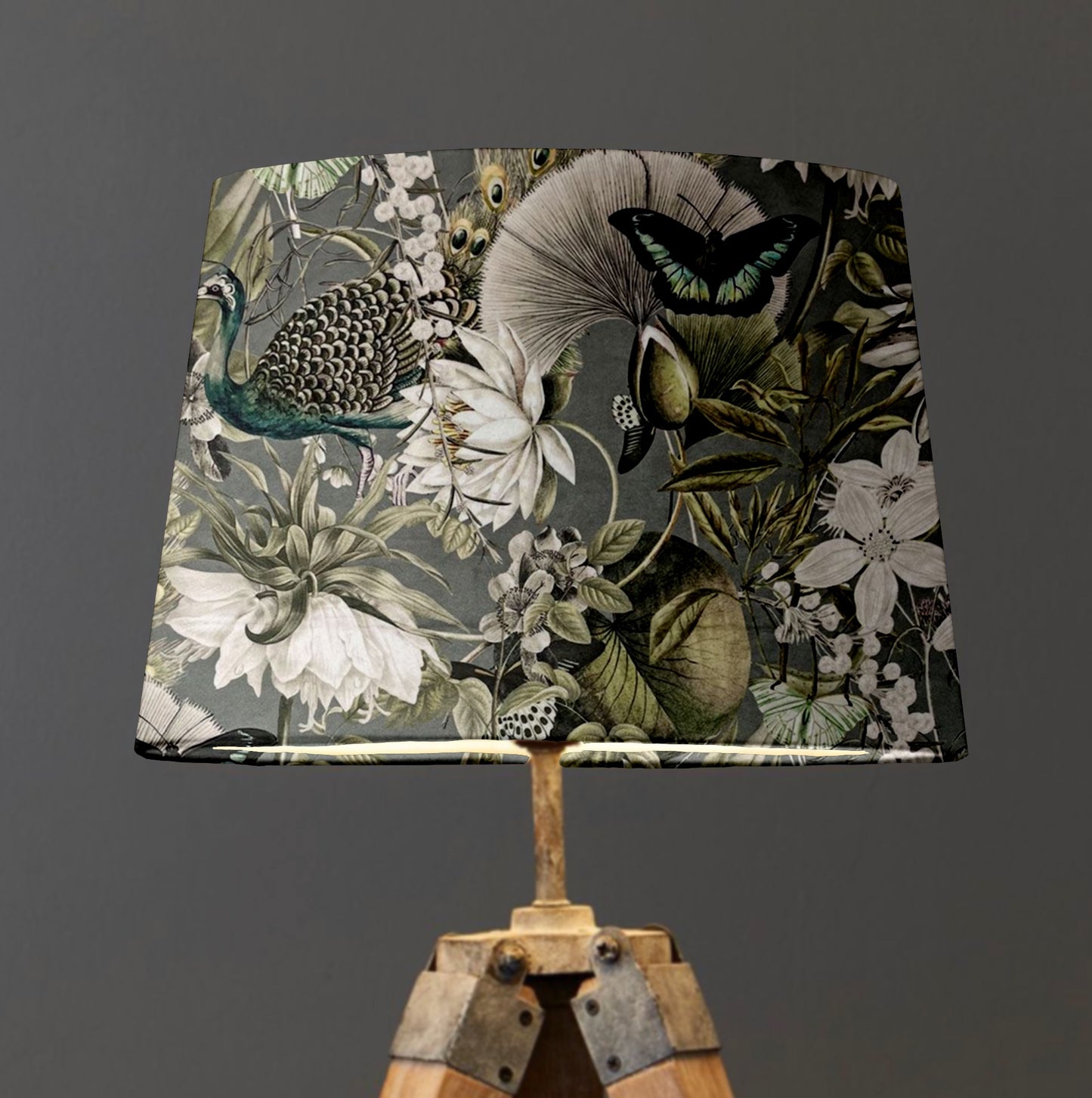 Peacock butterfly velvet french drum lampshade/ ceiling light shade, empire lampshade, grey