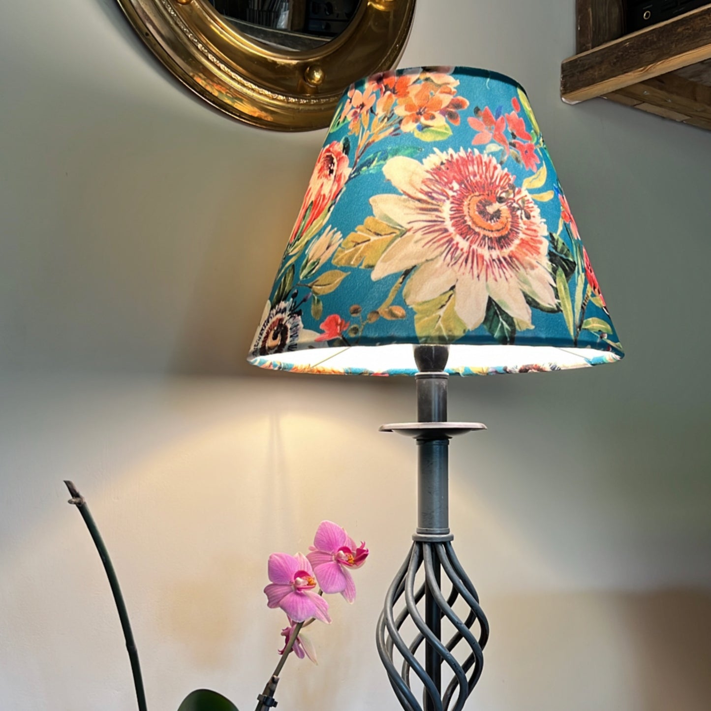 Floral summer garden velvet coolie lampshade/ ceiling light shade, empire lampshade, teal