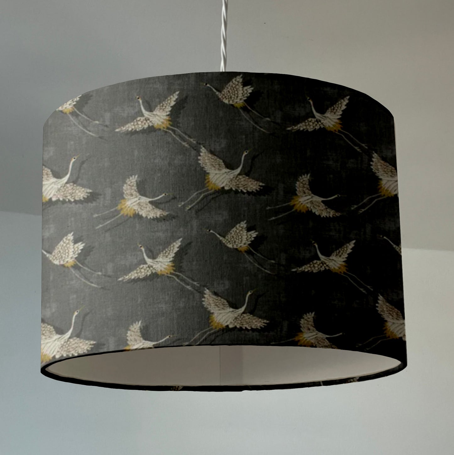 Flying birds drum lampshade/ ceiling shade, in slate, with a white lining