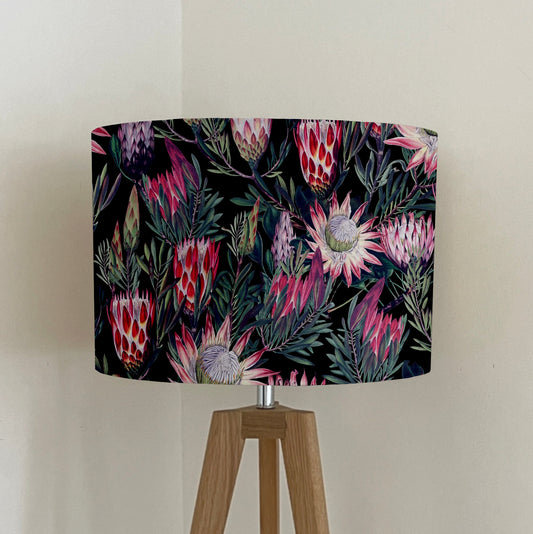 Black and pink botanical velvet drum lampshade / ceiling shade, with a white lining