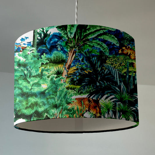 Big cat Jungle velvet drum lampshade / ceiling shade, with a white lining