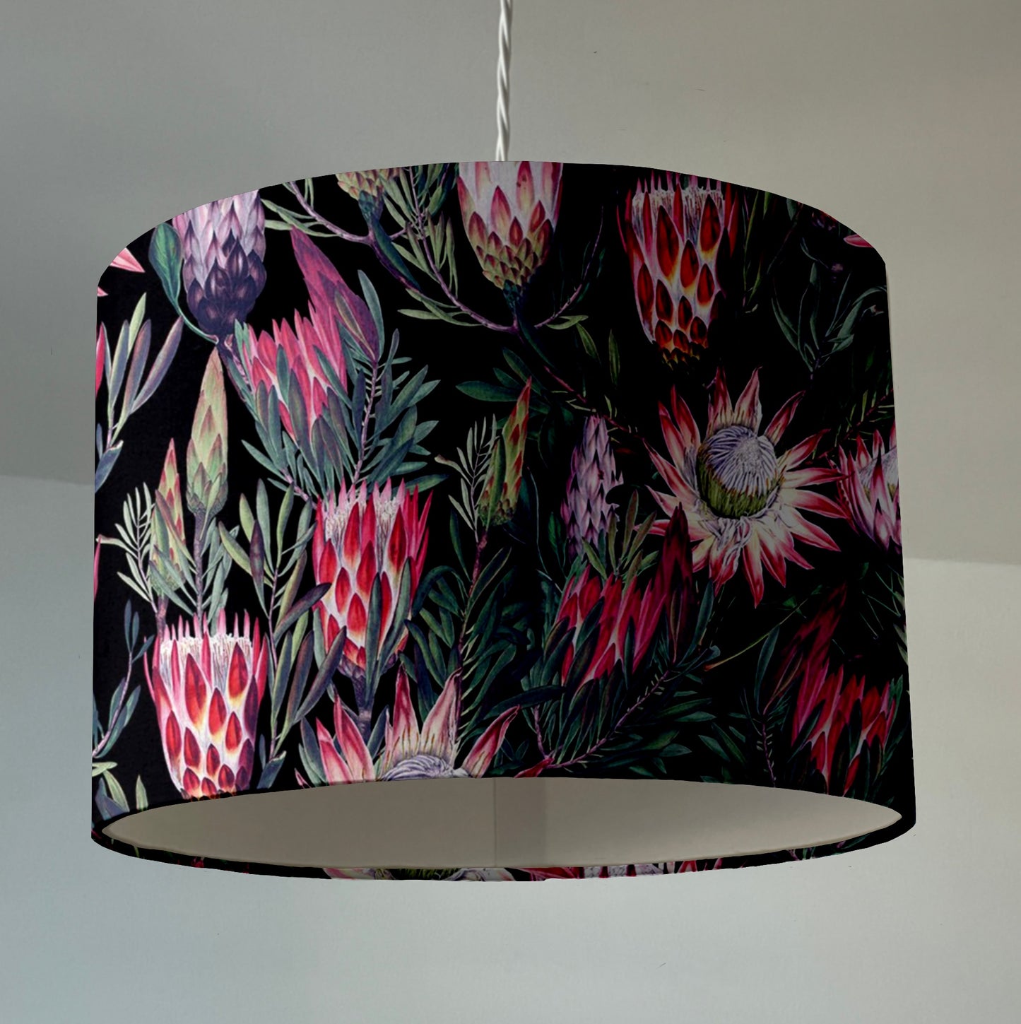 Black and pink botanical velvet drum lampshade / ceiling shade, with a white lining