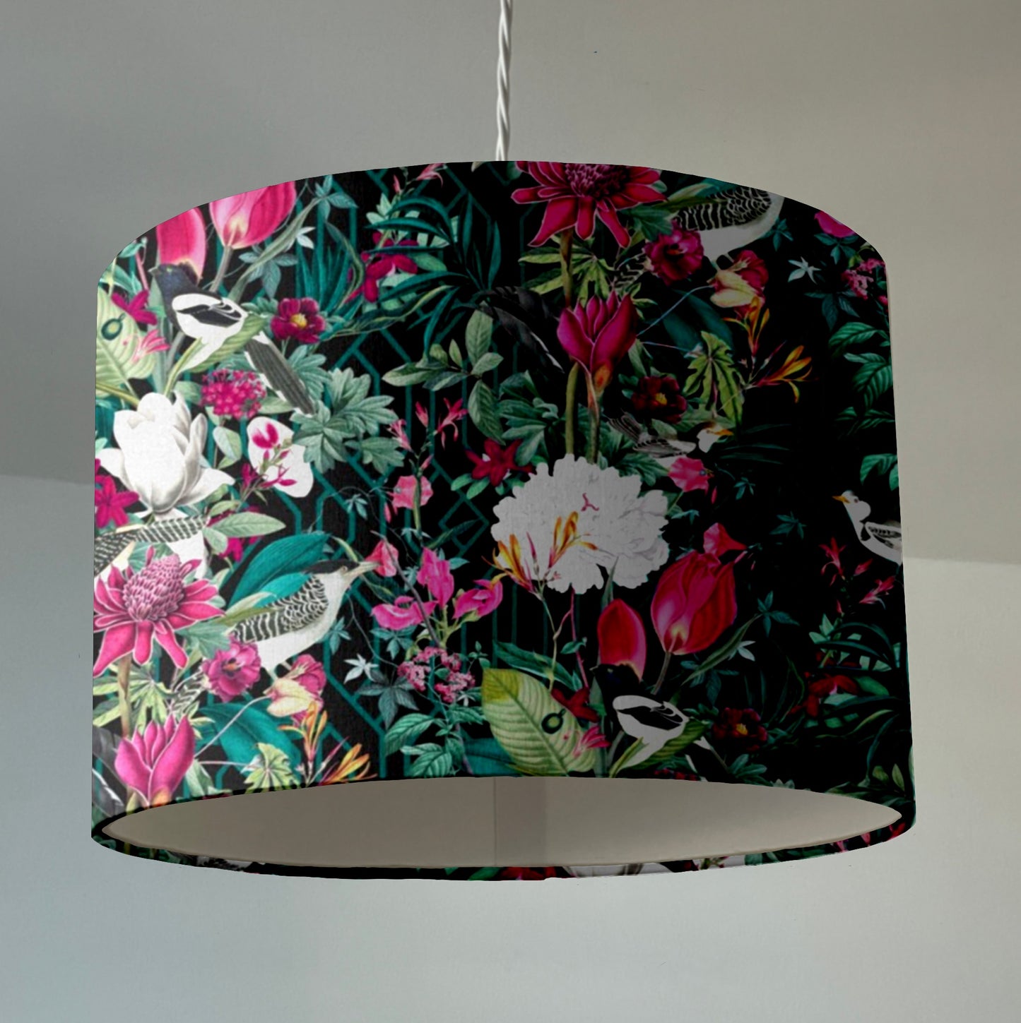 Botanical geometric black velvet lampshade / ceiling shade, with a white lining