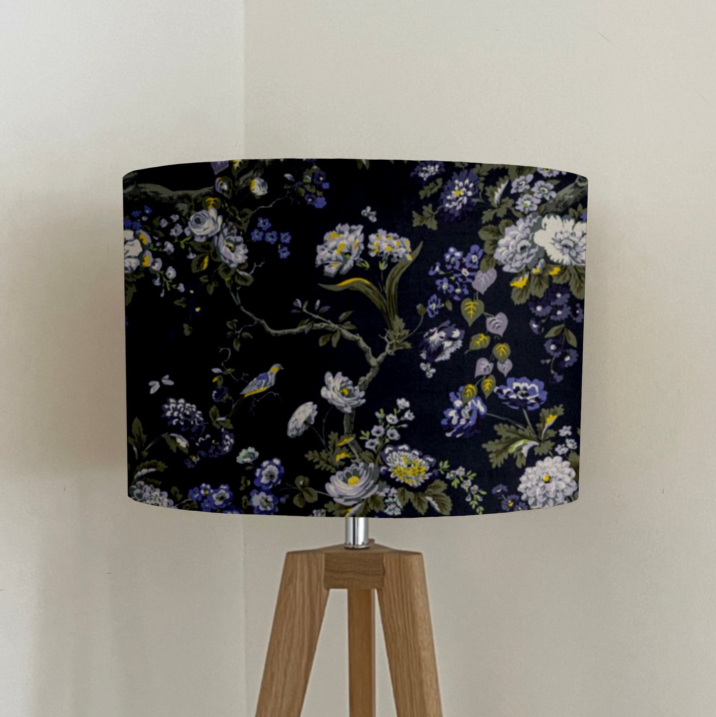 Midnight floral velvet drum lampshade / ceiling shade, with a white lining