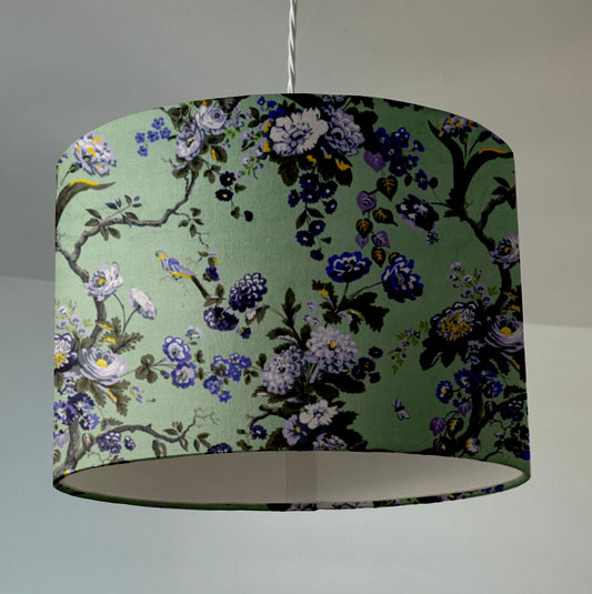 Purple floral velvet drum lampshade / ceiling shade, with a white lining