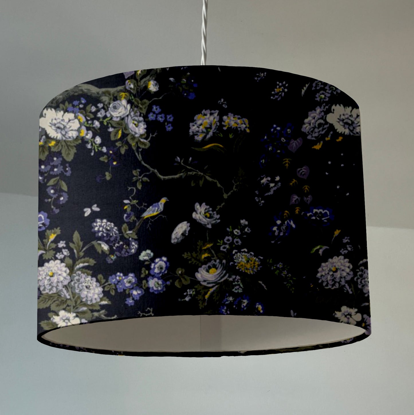 Midnight floral velvet drum lampshade / ceiling shade, with a white lining