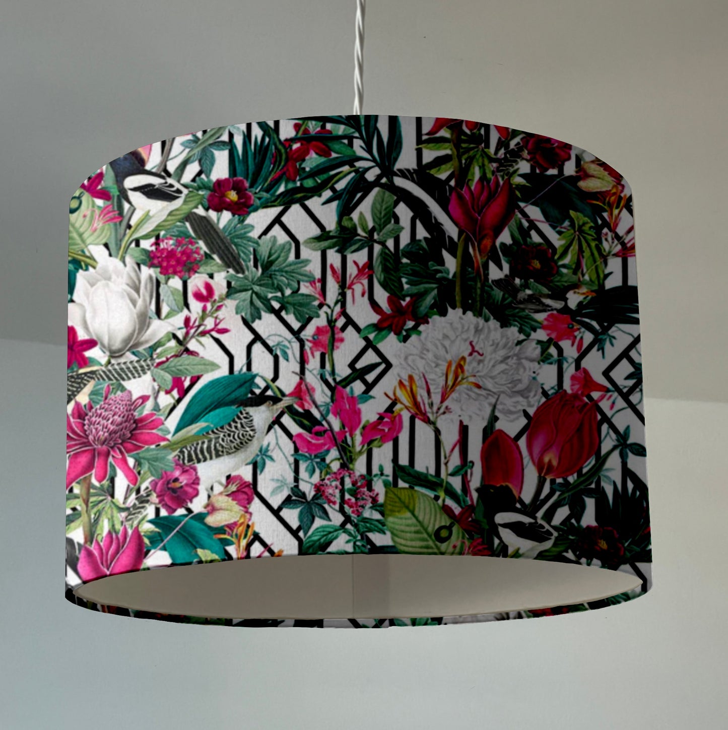 Botanical geometric white velvet lampshade / ceiling shade, with a white lining