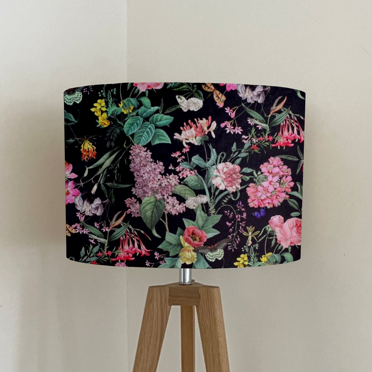 Butterfly floral velvet in black, drum lampshade / ceiling shade, with a white lining