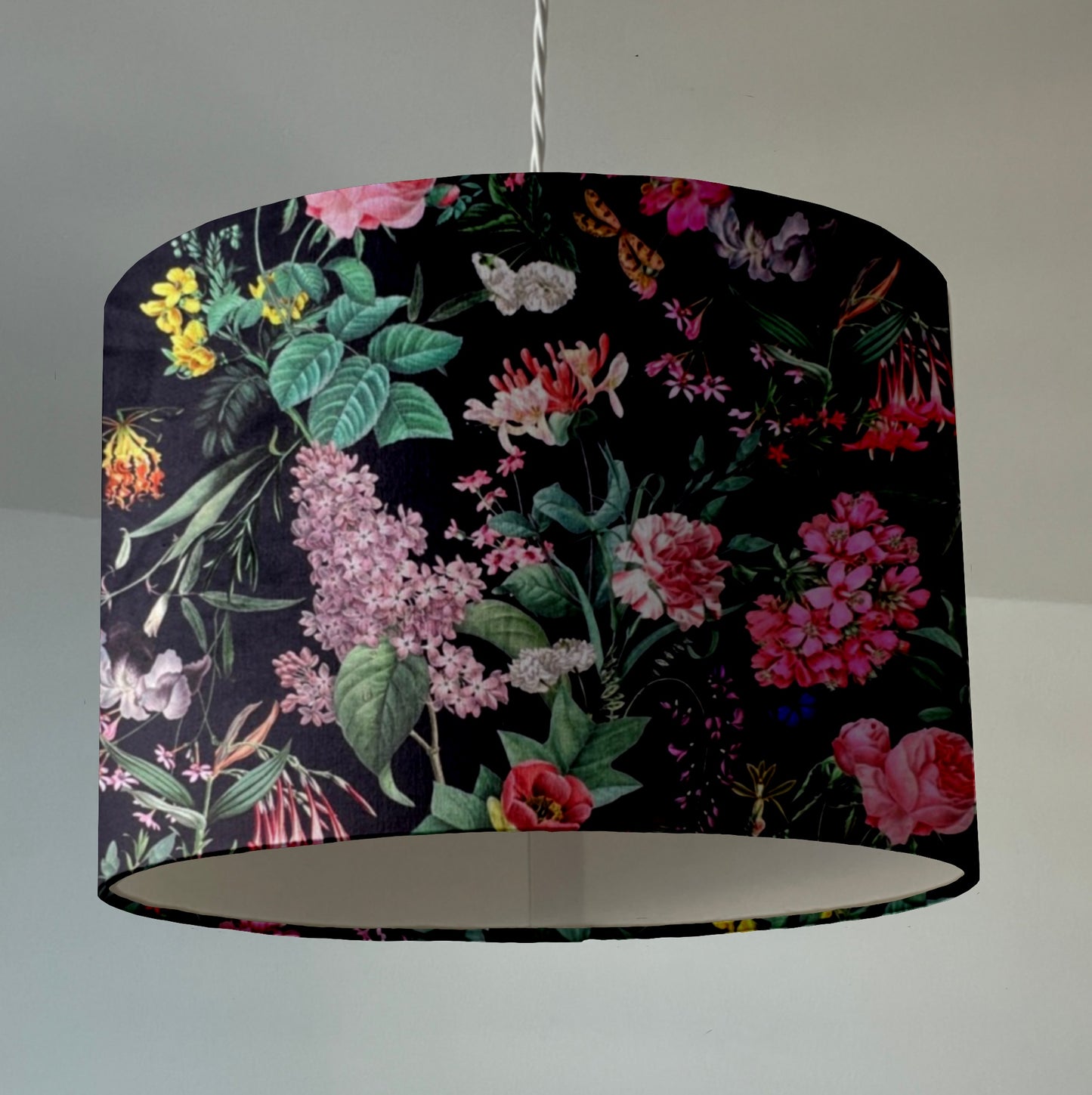 Butterfly floral velvet in black, drum lampshade / ceiling shade, with a white lining