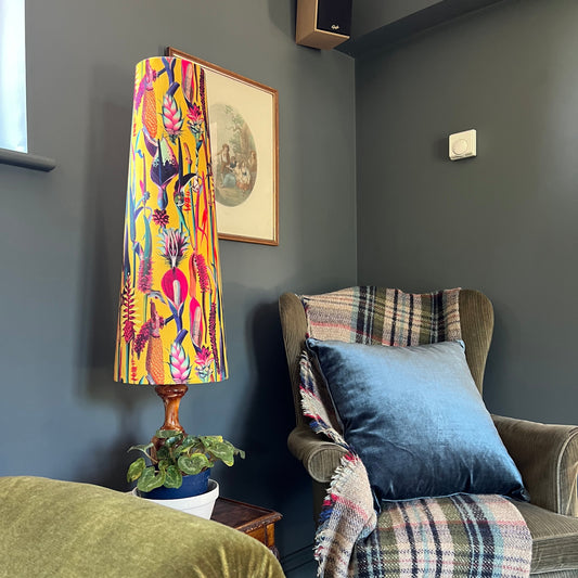 Botanical mustard velvet cone lampshade, extra tall lampshade