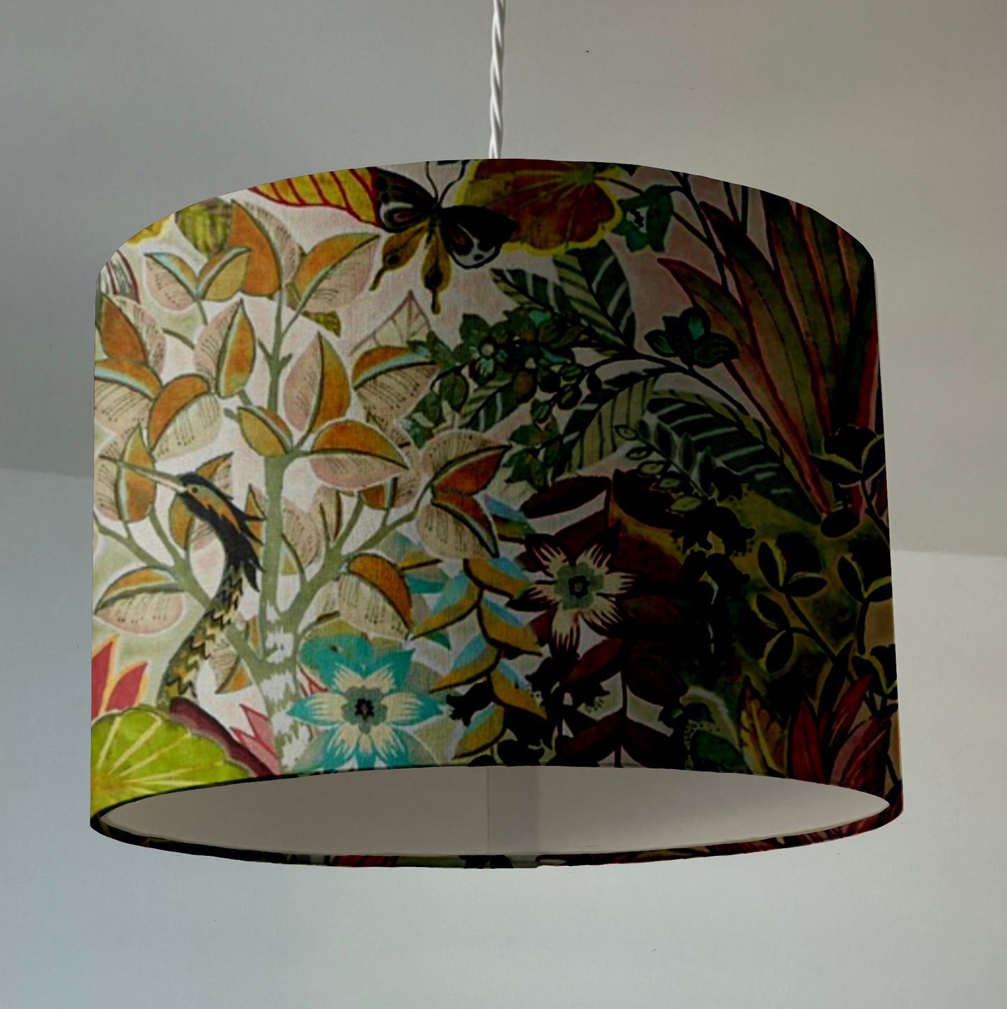 Floral pastel velvet, drum lampshade /ceiling shade with a white lining