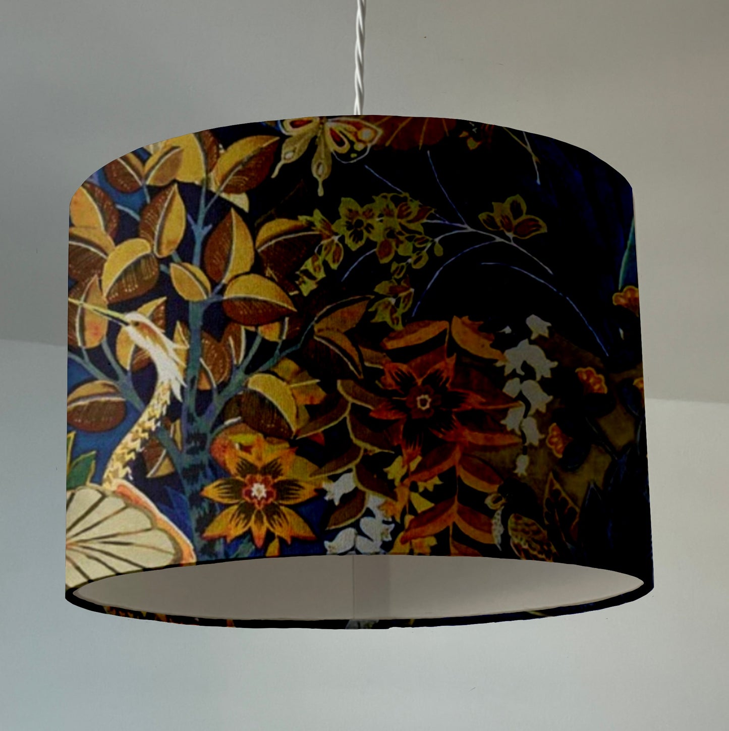 Floral midnight velvet, drum lampshade /ceiling shade with a white lining