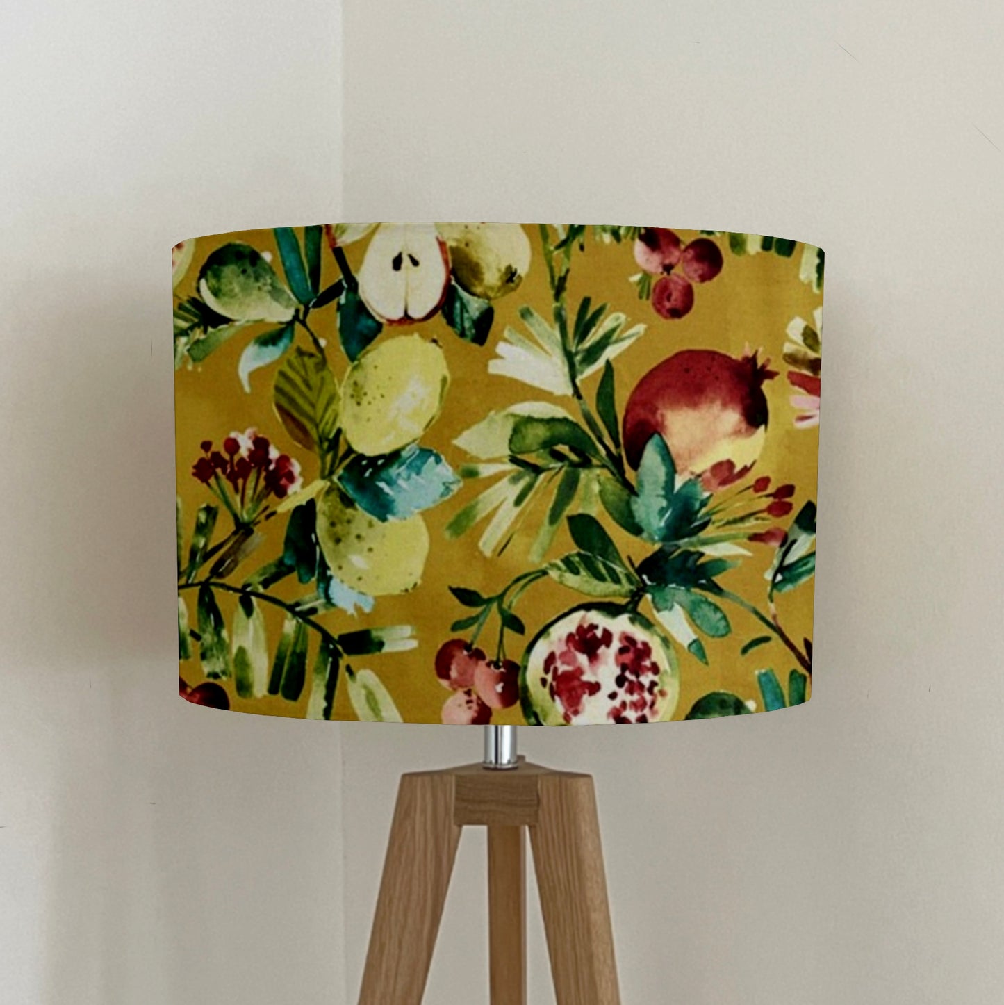 Fruit garden velvet in mustard, drum lampshade /ceiling shade with a white lining