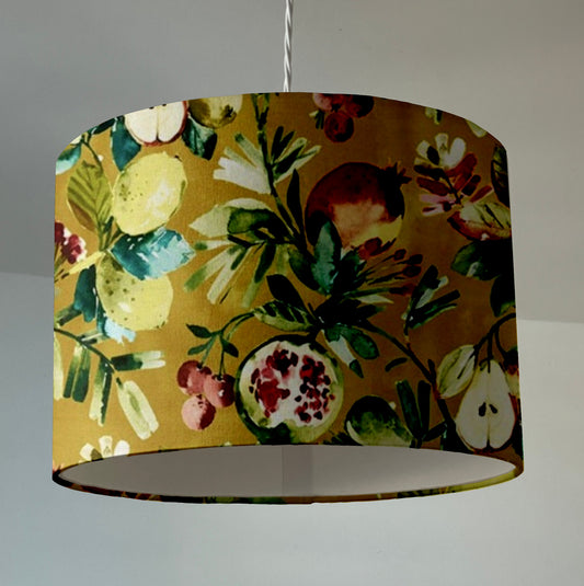 Fruit garden velvet in mustard, drum lampshade /ceiling shade with a white lining