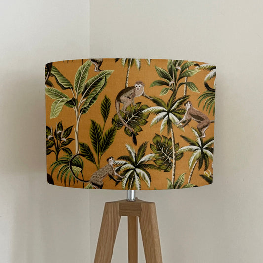 Jungle monkey cotton, in mustard, drum lampshade /ceiling shade with a white lining