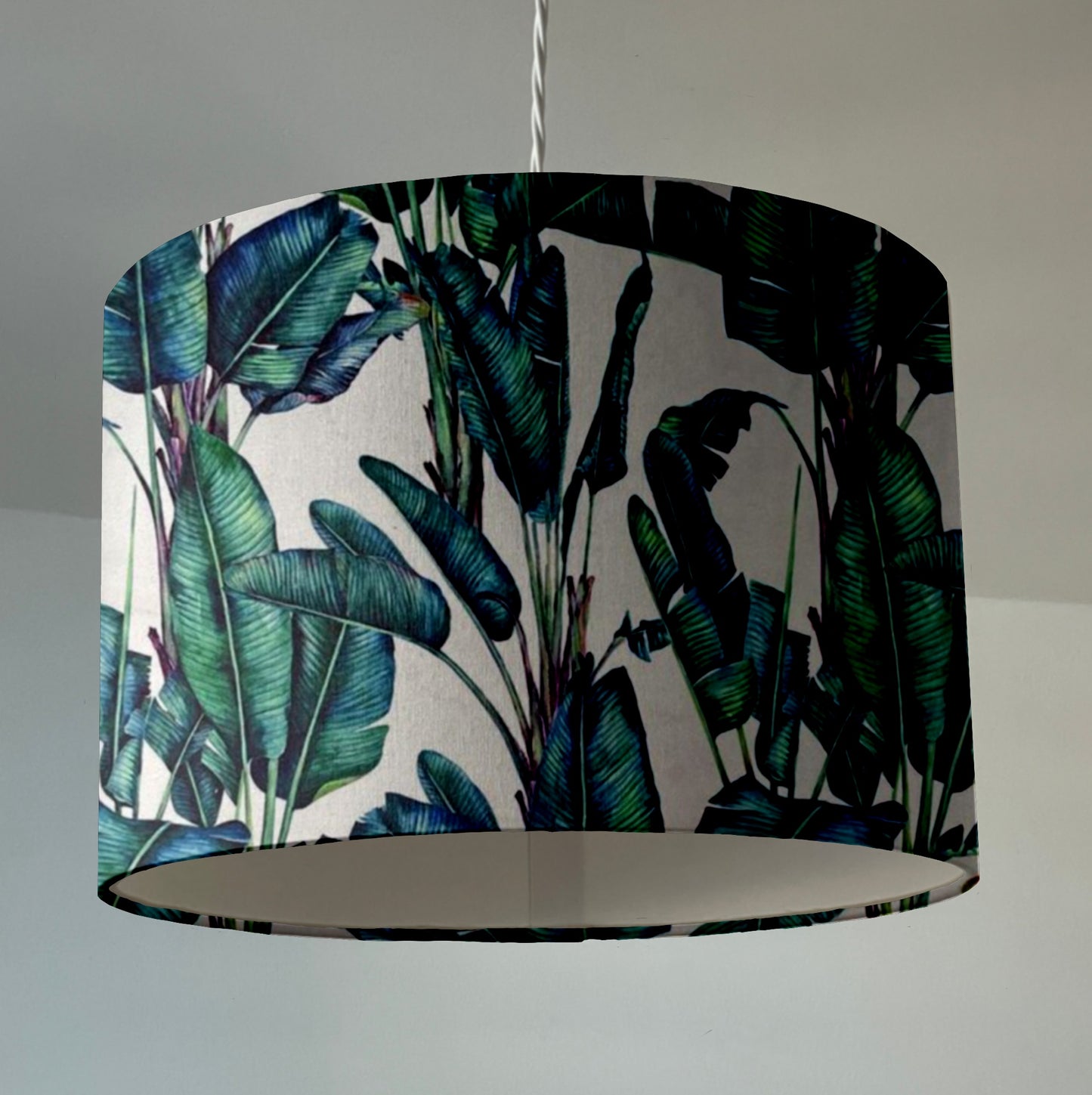 Leaves velvet in white, drum lampshade / ceiling shade, with a white lining