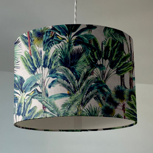 Tropical palm trees velvet drum lampshade / ceiling shade with a white lining