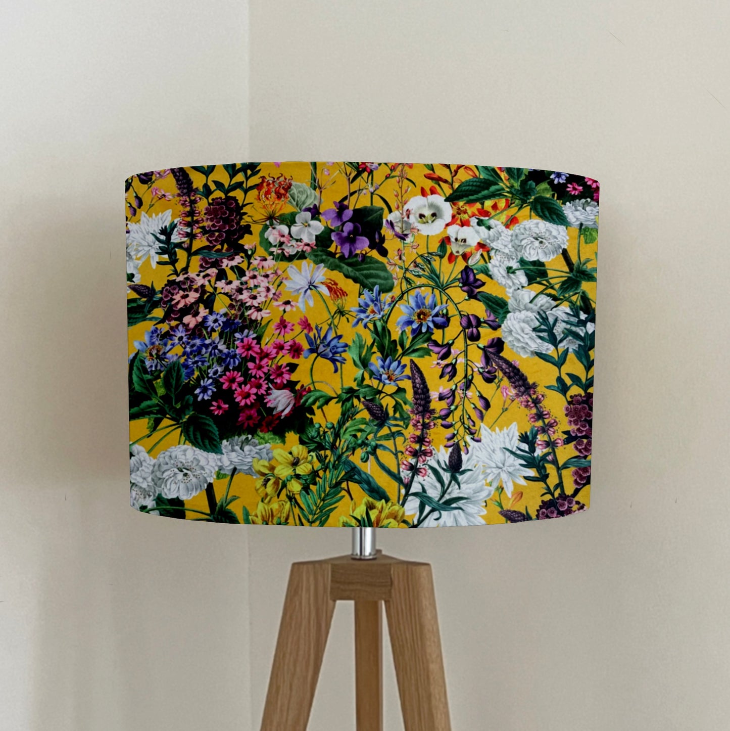 Mustard flowers velvet drum lampshade / ceiling shade with a white lining