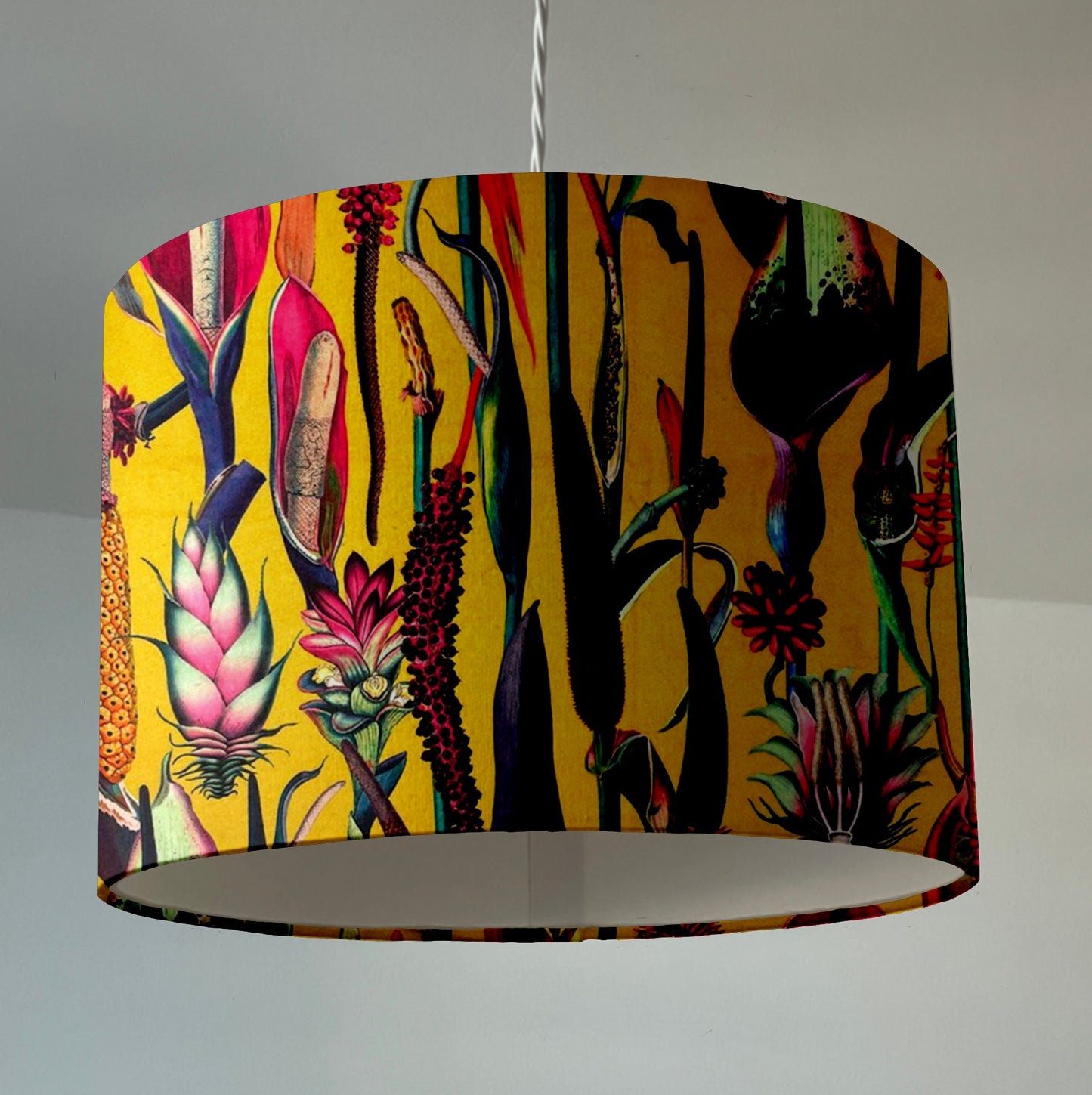 Mustard botanical velvet drum lampshade / ceiling shade, with a white lining